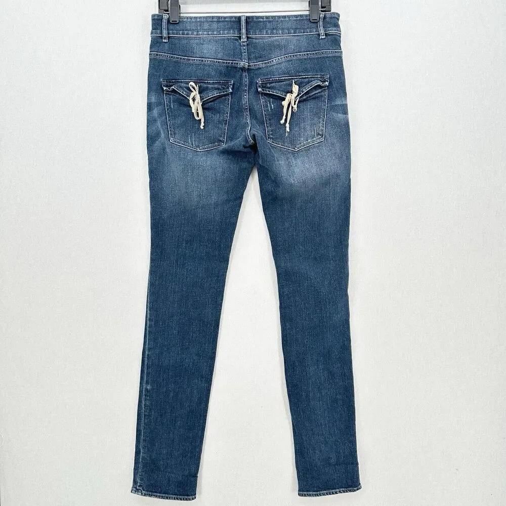Escada Sport Selvedge Jeans Womens 6 EUR36 Skinny Blue Denim Tie Flaps Distress